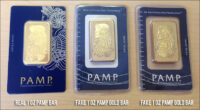 Counterfeit platinum PAMP Suisse bar in fake packaging surfaces