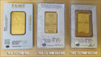 Counterfeit platinum PAMP Suisse bar in fake packaging surfaces