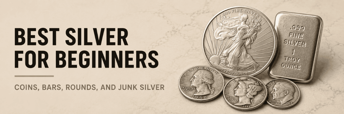 Silver coins, bars, and rounds displayed.